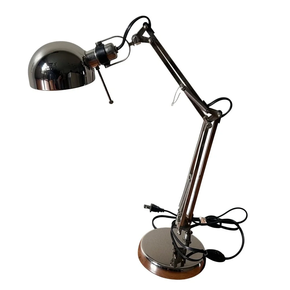 Ikea Forsa Chrome Swing Arm Architect Desk Lamp Wood Base Mid Century Task Light